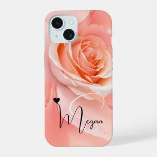 Peach Fuzz Rose Background Monogram Name Heart iPhone 15 Case