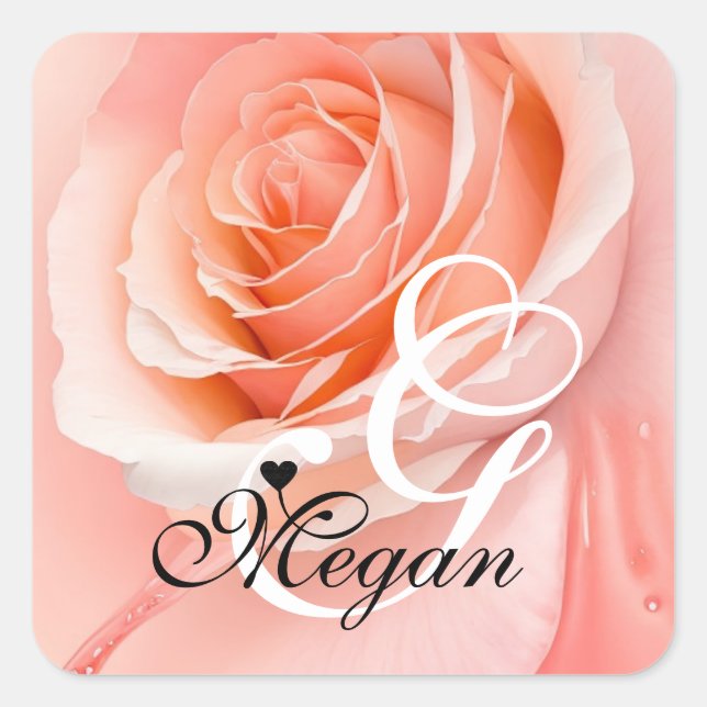 Peach Fuzz Rose Background Monogram Name Heart Square Sticker (Front)