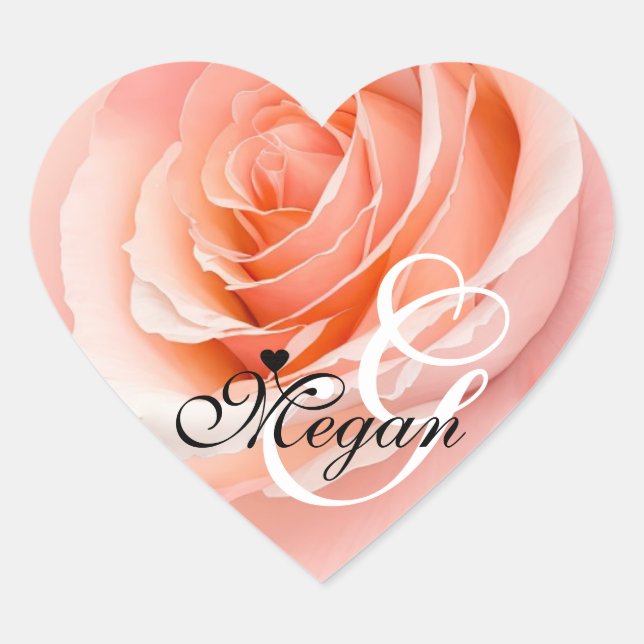 Peach Fuzz Rose Background Monogram Name Heart Sticker (Front)