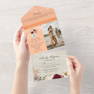 Peach Fuzz Rustic String Lights Wedding All In One Invitation