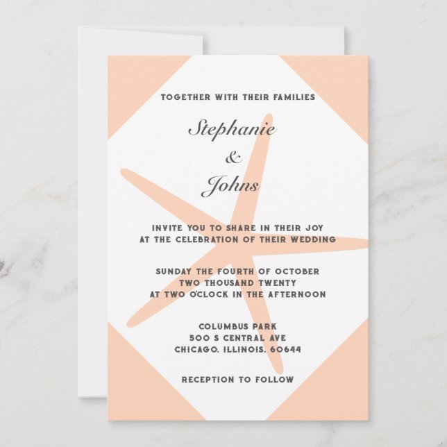 Peach Fuzz Starfish Elegant Tropical Beach Wedding Invitation (Front)