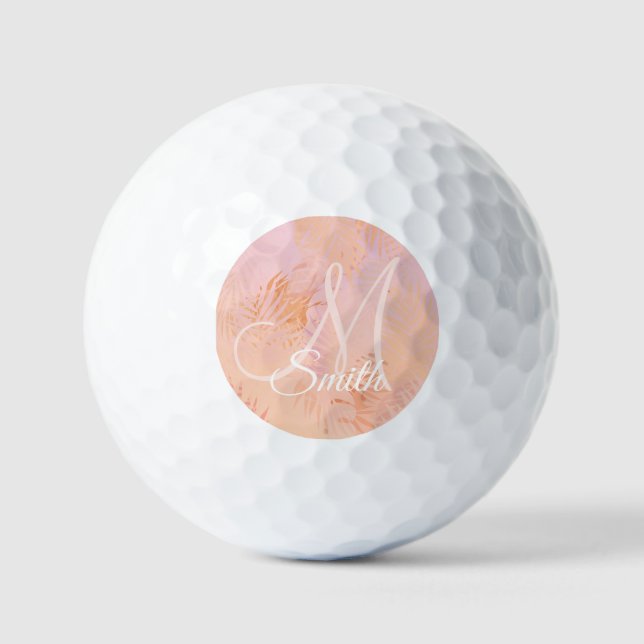 Peach Fuzz Tropical Leaves Personalised Monogram  Golf Balls (Front)