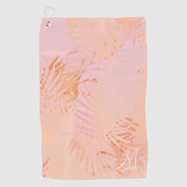 Peach Fuzz Tropical Leaves Personalised Monogram  Golf Towel (Front)