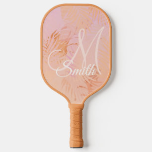 Peach Fuzz Tropical Leaves Personalized Monogram  Pickleball Paddle