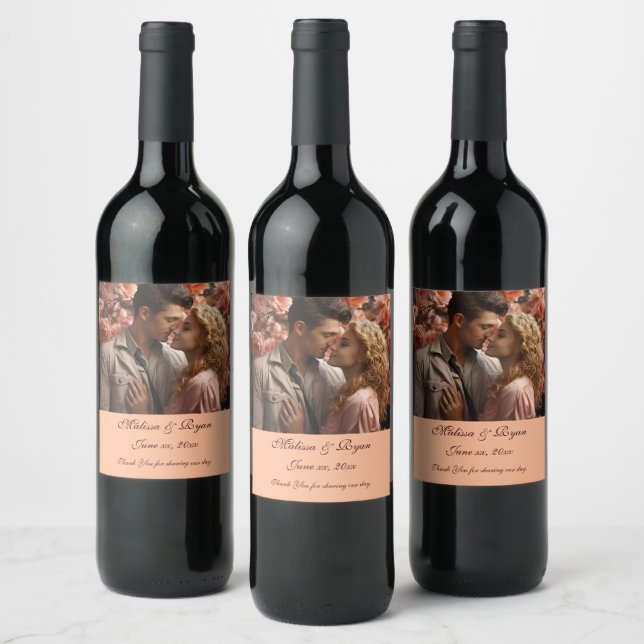  Peach Fuzz Wedding Wine Label Add Your Photo (Bottles)