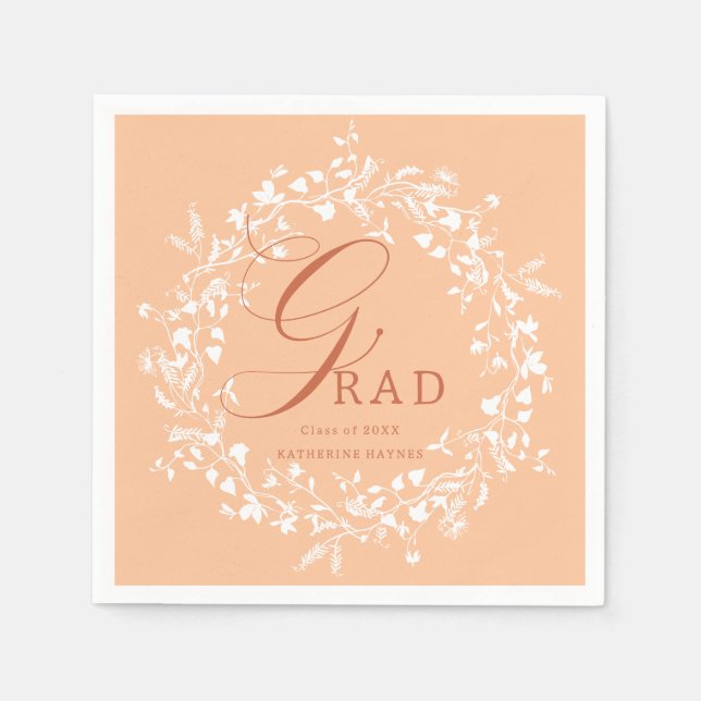 Peach Fuzz White Wildflower Wreath Graduation  Napkin (Front)