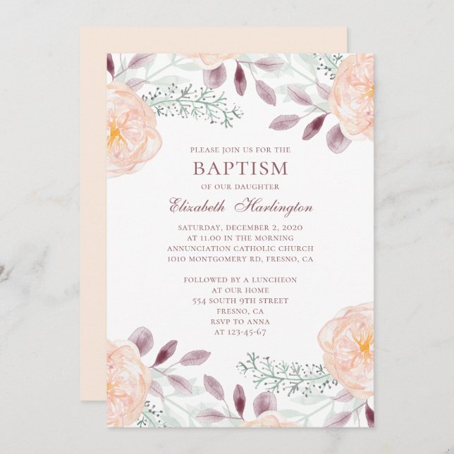 Peach garden flowers. Blush floral. Fall baptism Invitation (Front/Back)