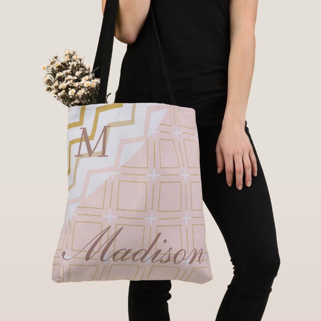 Peach Geometric Trendy Initial Name Monogram Tote Bag (Close Up)