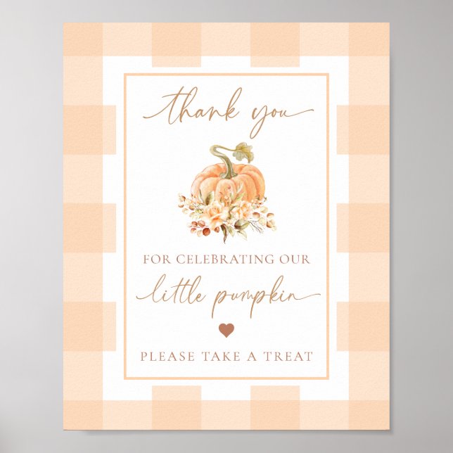 Peach Gingham A Little Pumpkin Baby Shower Favours Poster (Front)