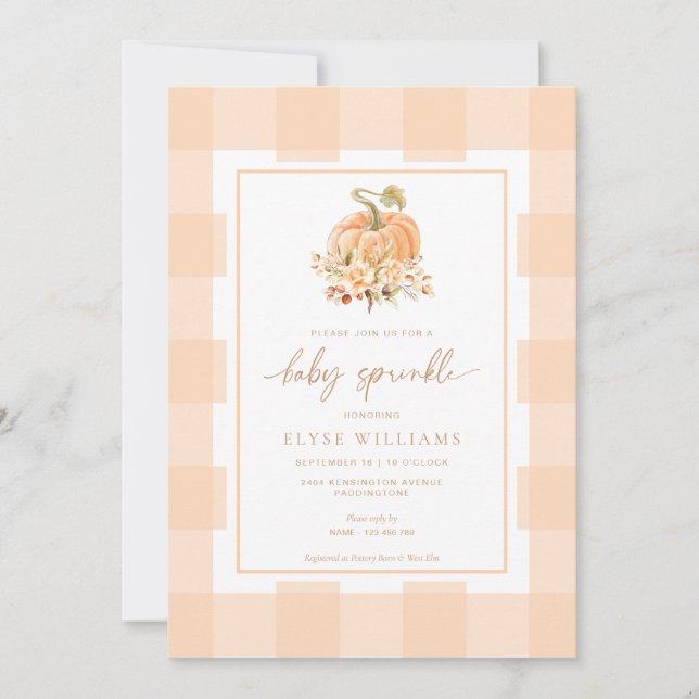 Peach Gingham A Little Pumpkin Baby Sprinkle Invitation (Front)
