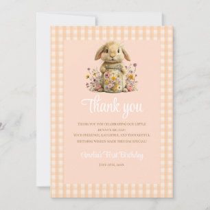 Peach Gingham Bunny 1st Birthday Note Thank You Card
