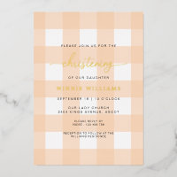Peach Gingham Christening Foil Invitation