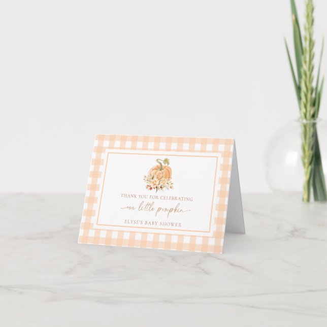 Peach Gingham Fall Pumpkin Thank You Card (Front)