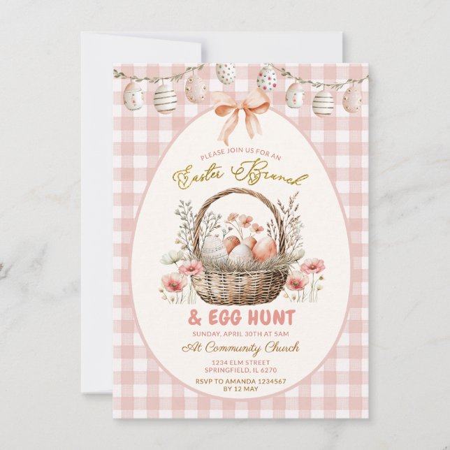 Peach Gingham Floral Easter Brunch and Egg Hunt Invitation (Front)