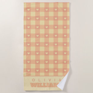 Peach Gingham Heart Pattern, Cute Kawaii Chequered Beach Towel