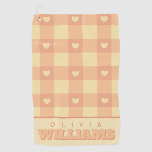 Peach Gingham Heart Pattern, Cute Kawaii Chequered Golf Towel