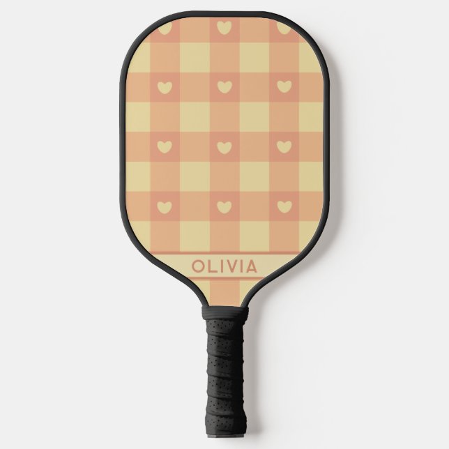 Peach Gingham Heart Pattern, Cute Kawaii Chequered Pickleball Paddle (Front)