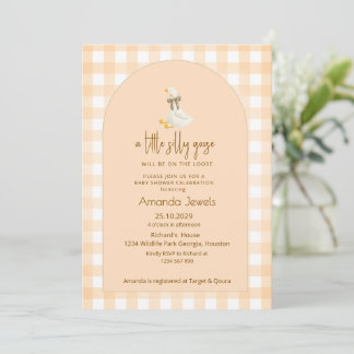 Peach Gingham Little Goose Brown Bow Baby Shower Invitation
