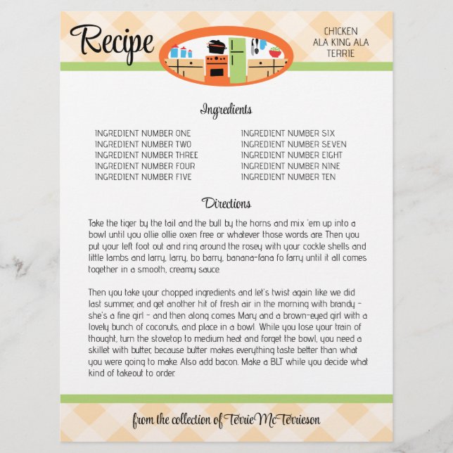Peach gingham retro kitchen recipe binder inser... (Front)