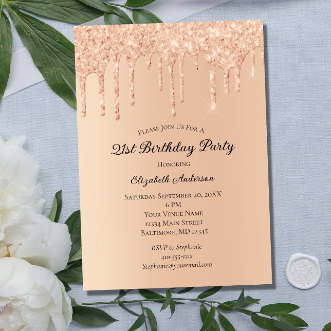 Peach Glitter Drips Trendy Glam 21st Birthday Invi Invitation (Creator Uploaded)