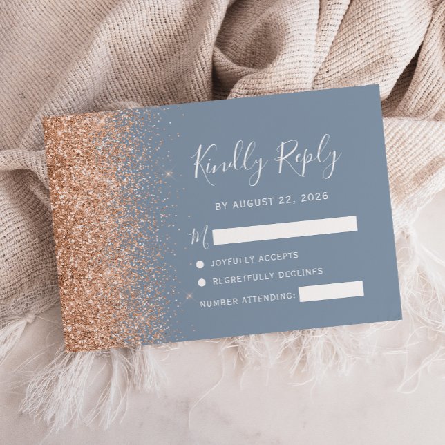 Peach Glitter Dusty Blue Wedding RSVP Card (Creator Uploaded)