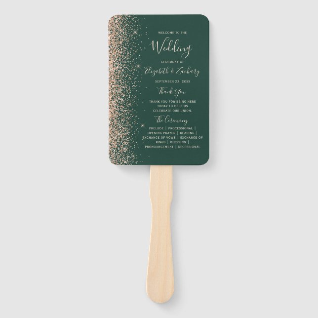 Peach Glitter Edge Emerald Green Wedding Program Hand Fan (Front)