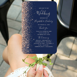 Peach Glitter Edge Navy Blue Wedding Program Hand Fan