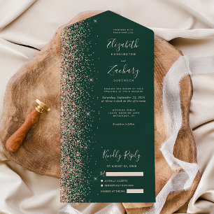 Peach Glitter Emerald Green Wedding All In One Invitation