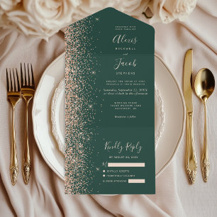 Peach Glitter Emerald Green Wedding All In One Invitation