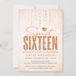 Peach Glitter Look Sweet 16 (Sixteen) Party Invitation