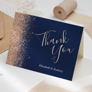 Peach Glitter Navy Blue Wedding Thank You Card