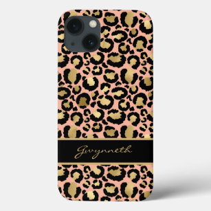 Peach Gold Black Leopard Print with Your Name iPhone 13 Case