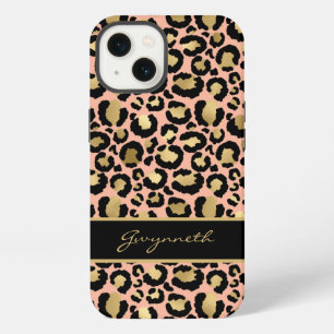 Peach Gold Black Leopard Print with Your Name iPhone 13 Case