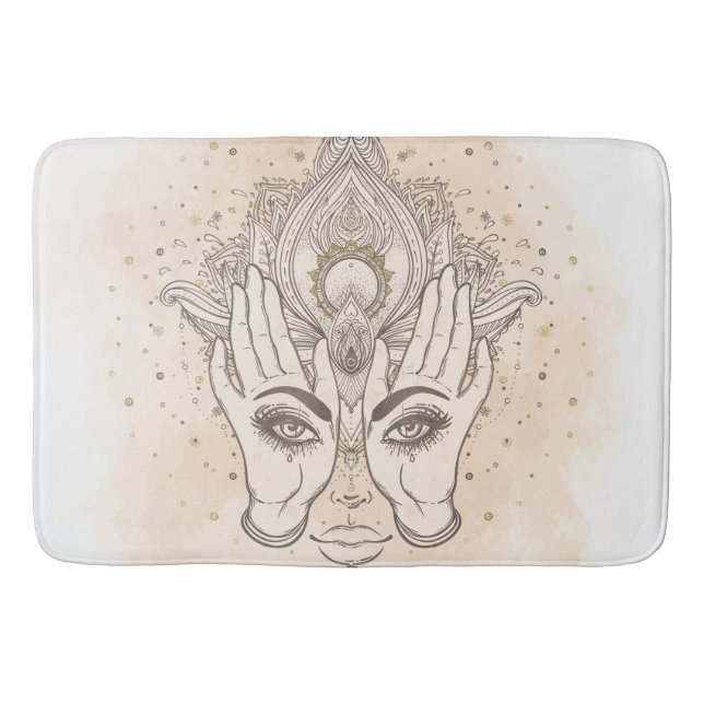 Peach & Gold Boho Lotus Flower Beauty Bath Mat (Front)