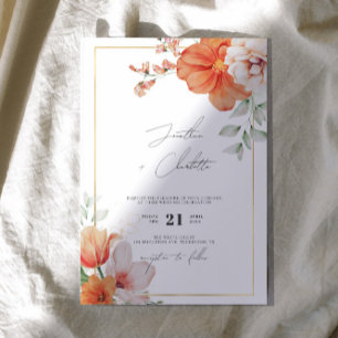 Peach & Gold Border Floral Wedding Invitation
