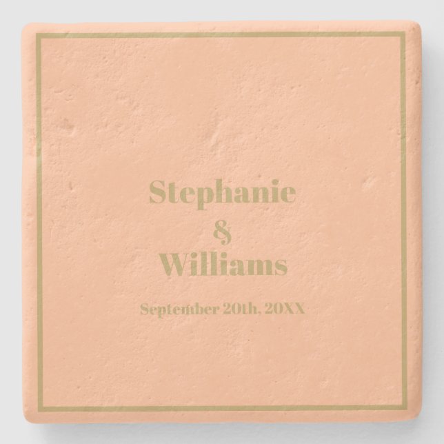 Peach Gold Elegant Simple Name Wedding Gift Favour Stone Coaster (Front)