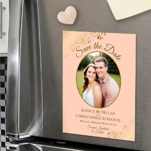 Peach & Gold Elegant Wedding Save Date Oval Photo Magnetic Invitation