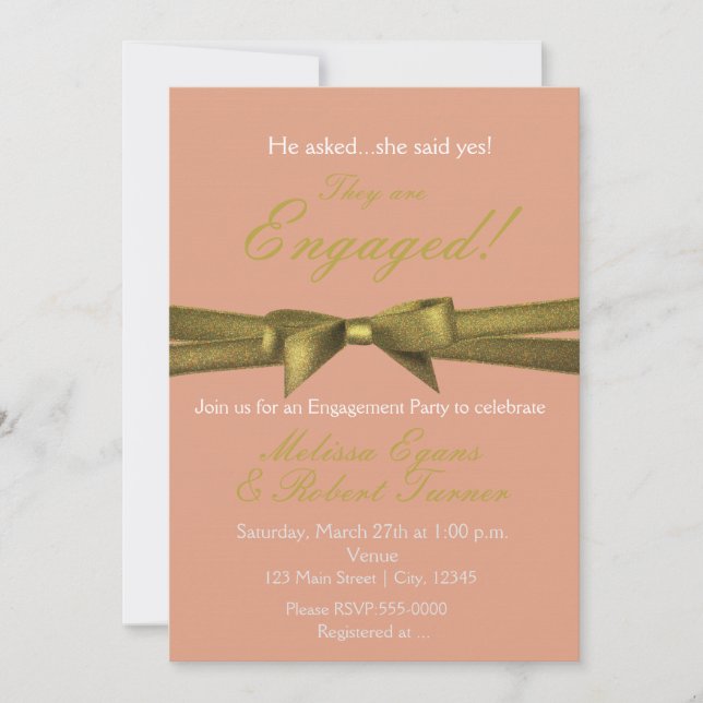 Peach & Gold Engagement Chic Bow Party Invitation (Front)