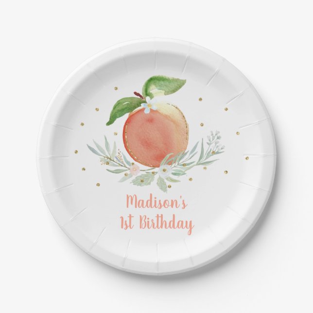 Peach Gold Floral Birthday Paper Plate (Front)