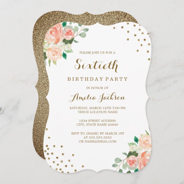 Peach Gold Floral Confetti 60th Birthday Party Invitation (Front/Back)