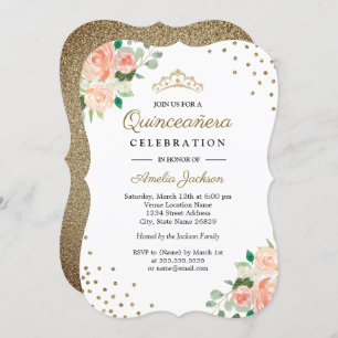 Peach Gold Floral Confetti Quinceanera Invitation