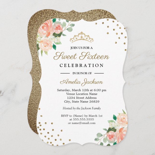 Peach Gold Floral Confetti Sweet Sixteen Invite (Front/Back)