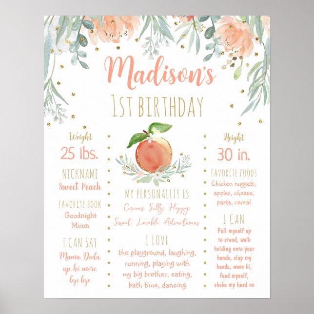 Peach Gold Floral First Birthday Milestone Poster (Front)