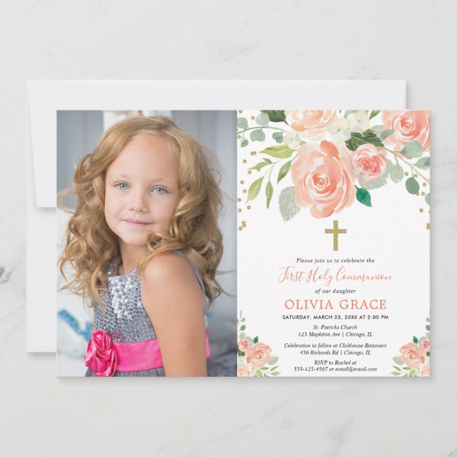 Peach gold floral first holy communion girl photo invitation (Front)