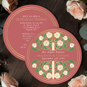 Peach Gold Floral Sword Royal Wedding Rehearsal  Invitation