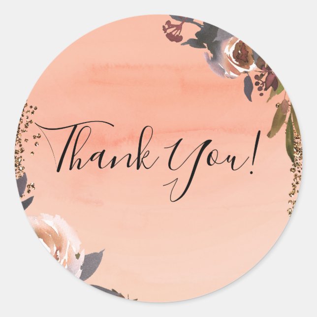 Peach & Gold Glitter Floral Modern Bridal Shower Classic Round Sticker (Front)
