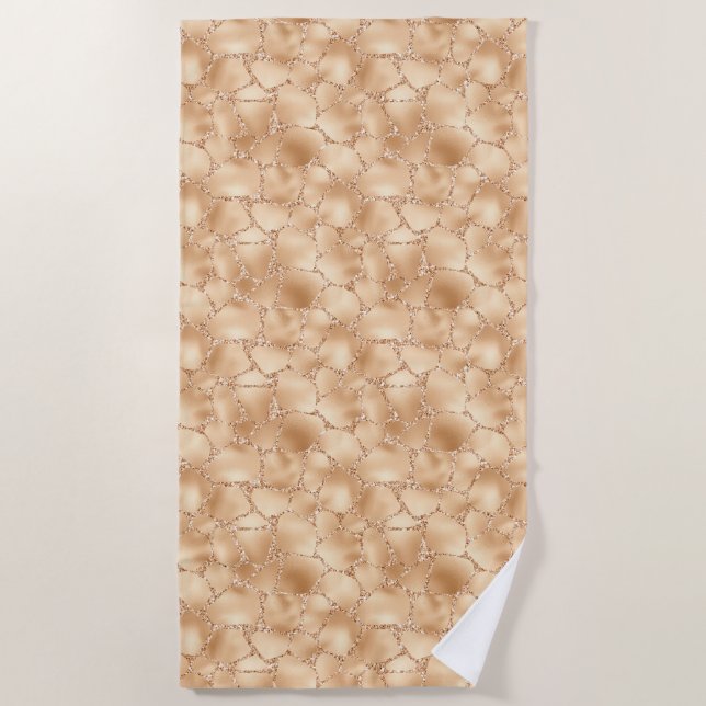 Peach Gold Glitter Glam Sparkle Giraffe Print Beach Towel (Front)