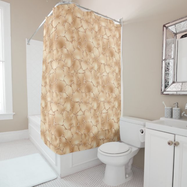 Peach Gold Glitter Glam Sparkle Giraffe Print Shower Curtain (In Situ)