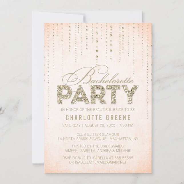 Peach & Gold Glitter Look Bachelorette Party Invitation (Front)