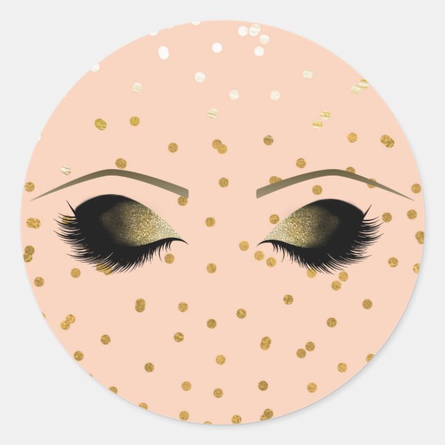 Peach & Gold Makeup Eyelashes Beauty Party Classic Round Sticker (Front)